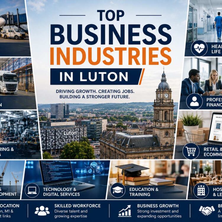 Infographic showing the top business industries in Luton, including aviation and aerospace, logistics and distribution, healthcare and life sciences, manufacturing, technology, retail, construction, education, hospitality, and professional services.