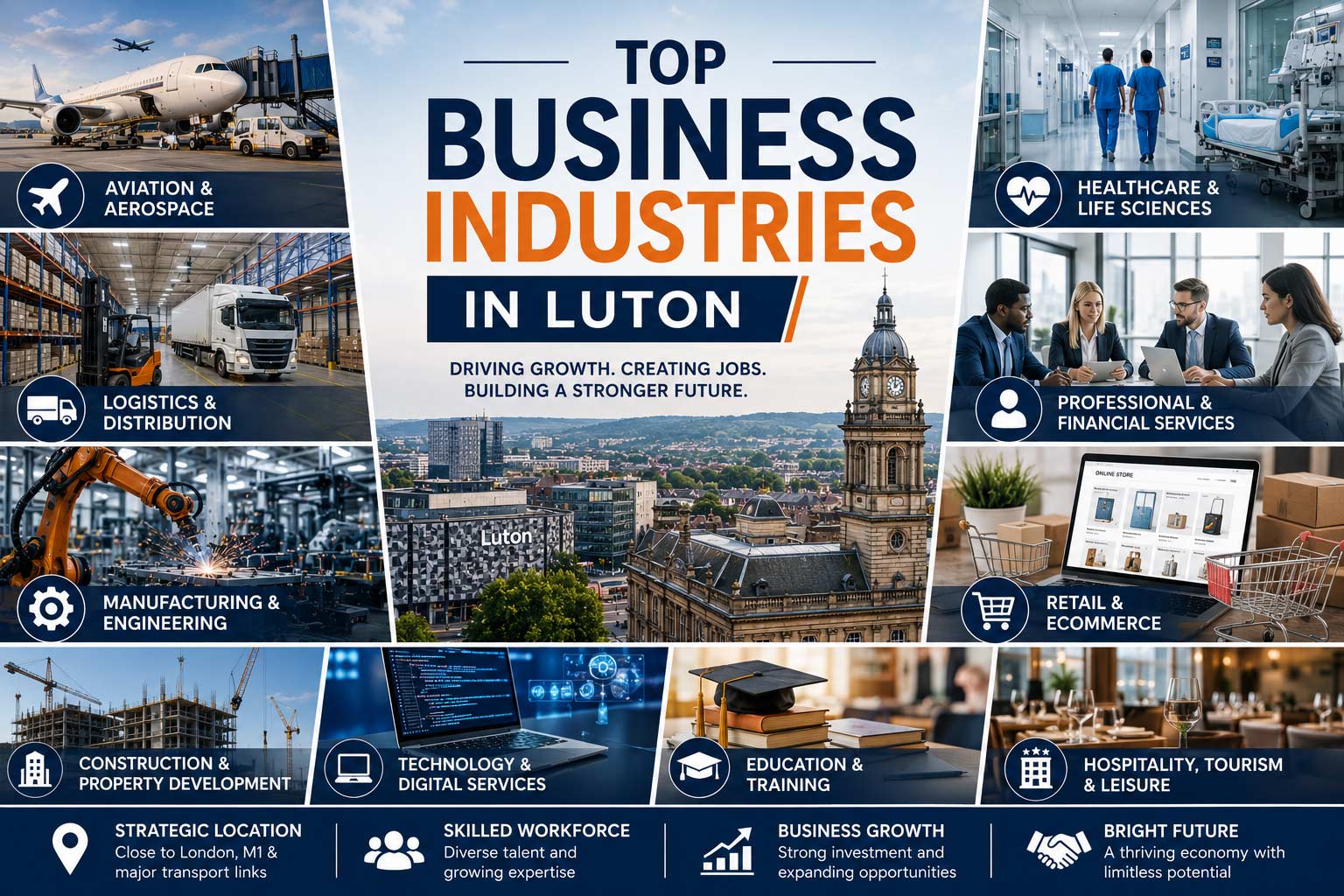 Infographic showing the top business industries in Luton, including aviation and aerospace, logistics and distribution, healthcare and life sciences, manufacturing, technology, retail, construction, education, hospitality, and professional services.