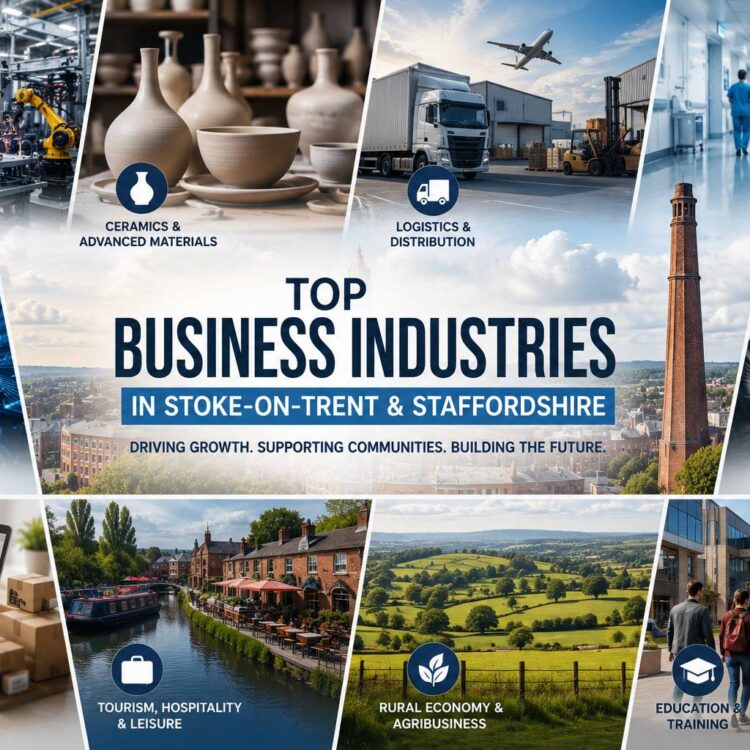 Infographic showcasing the top business industries in Stoke-on-Trent and Staffordshire, including advanced manufacturing, ceramics, logistics, healthcare, digital technology, retail, tourism, agribusiness, education, and professional services.