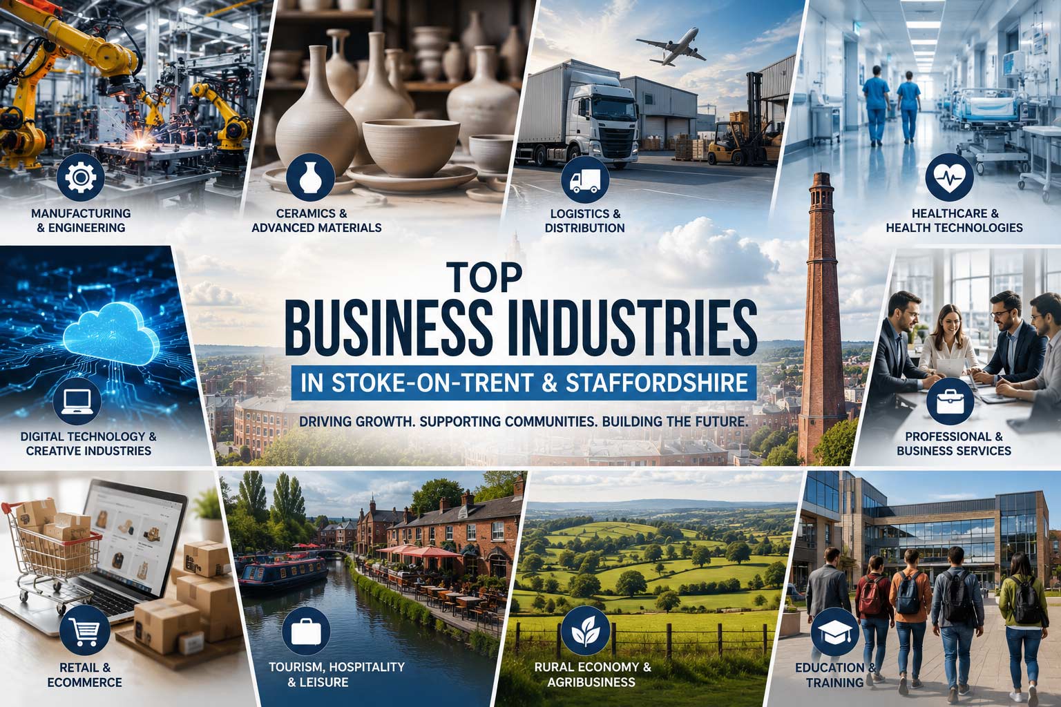 Infographic showcasing the top business industries in Stoke-on-Trent and Staffordshire, including advanced manufacturing, ceramics, logistics, healthcare, digital technology, retail, tourism, agribusiness, education, and professional services.