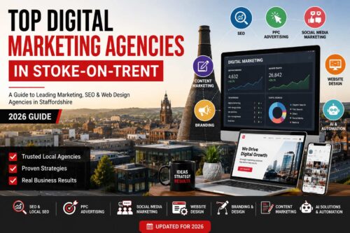 Top digital marketing agencies in Stoke-on-Trent featuring SEO, web design, PPC advertising, social media marketing, branding and digital growth services.