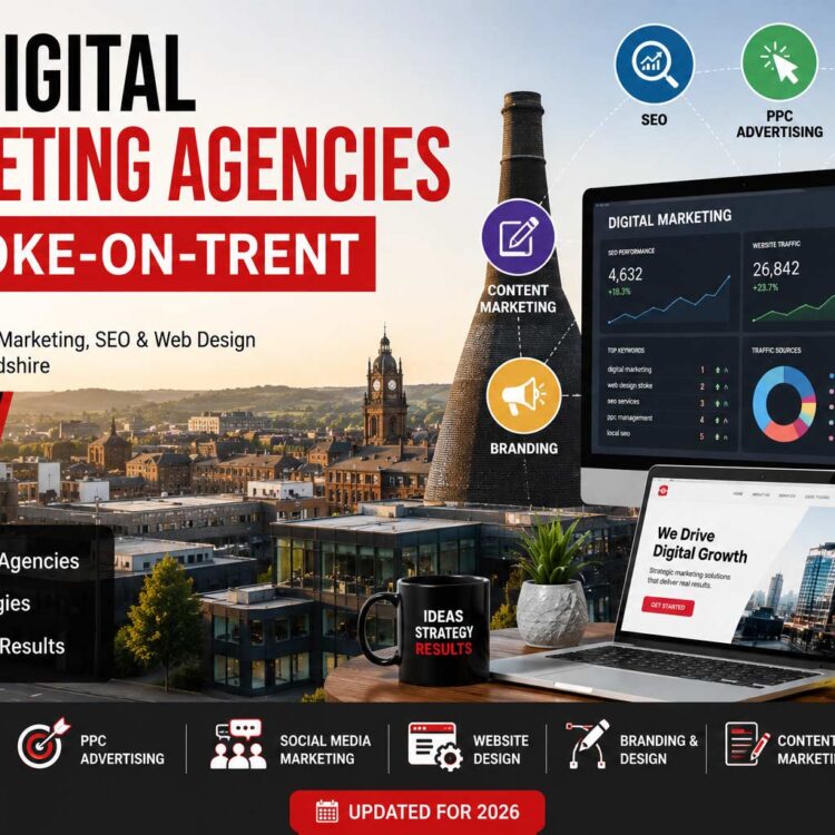 Top digital marketing agencies in Stoke-on-Trent featuring SEO, web design, PPC advertising, social media marketing, branding and digital growth services.