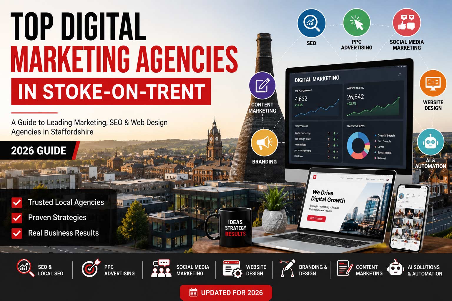 Top digital marketing agencies in Stoke-on-Trent featuring SEO, web design, PPC advertising, social media marketing, branding and digital growth services.