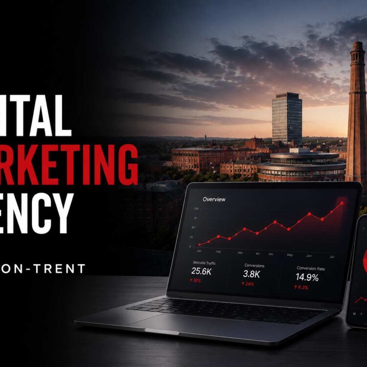 Digital Marketing Agency in Stoke-on-Trent featuring business growth analytics dashboard, SEO marketing strategy, website performance metrics, and digital advertising solutions for UK businesses.