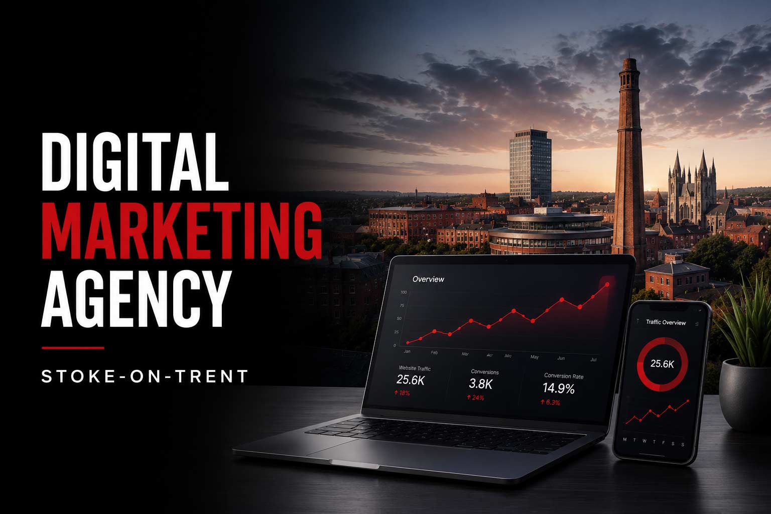 Digital Marketing Agency in Stoke-on-Trent featuring business growth analytics dashboard, SEO marketing strategy, website performance metrics, and digital advertising solutions for UK businesses.