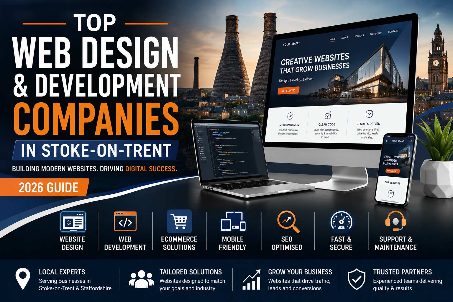 Top web design and development companies in Stoke-on-Trent featuring website design, web development, ecommerce solutions, SEO optimisation, mobile-friendly websites, and digital business growth services.